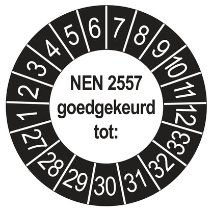 Keuringssticker NEN 2557 goedgekeurd tot, buiten zwart, Ø 35 mm