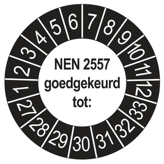 Keuringssticker NEN 2557 goedgekeurd tot, buiten zwart, Ø 35 mm