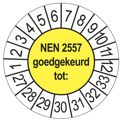 Keuringssticker NEN 2557 goedgekeurd tot, geel, Ø 35 mm
