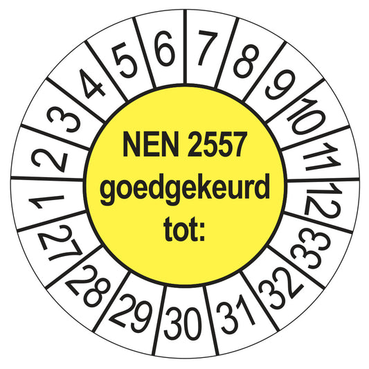 Keuringssticker NEN 2557 goedgekeurd tot, geel, Ø 35 mm