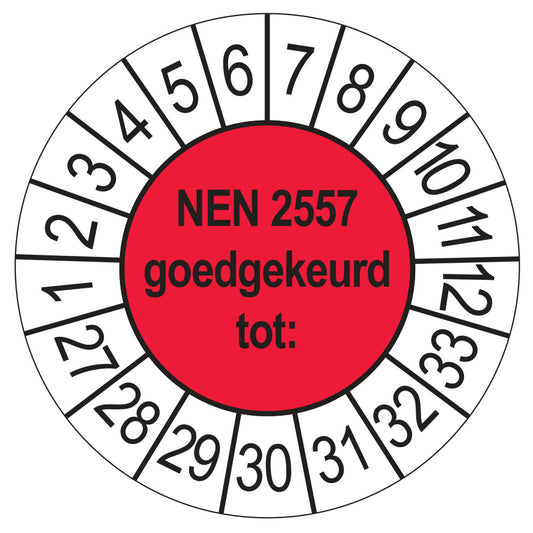 Keuringssticker NEN 2557 goedgekeurd tot, rood, Ø 35 mm