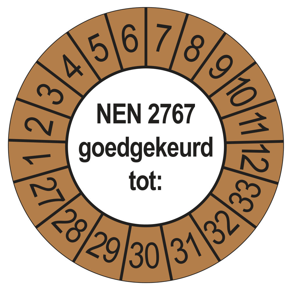 Keuringssticker NEN 2767 buiten bruin, rond 35 mm
