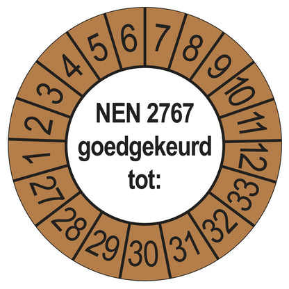 Keuringssticker NEN 2767 buiten bruin, rond 35 mm