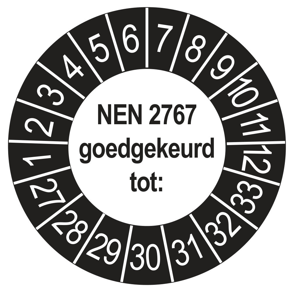 Keuringssticker NEN 2767 buiten zwart, rond 35 mm