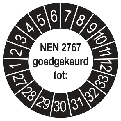 Keuringssticker NEN 2767 buiten zwart, rond 35 mm