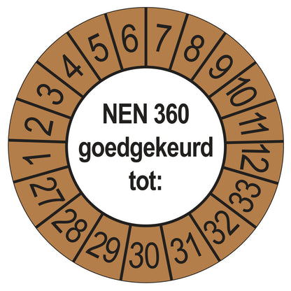 Keuringssticker NEN 360 buiten bruin, rond 35 mm