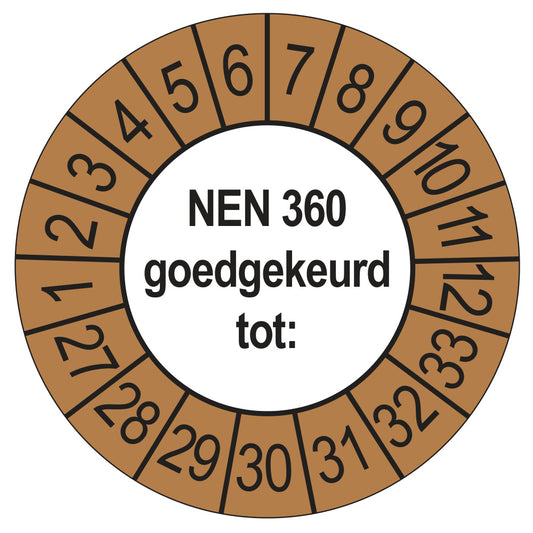 Keuringssticker NEN 360 buiten bruin, rond 35 mm