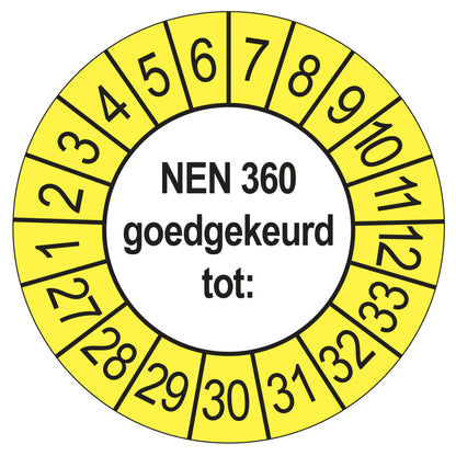 Keuringssticker NEN 360 buiten geel, rond 35 mm