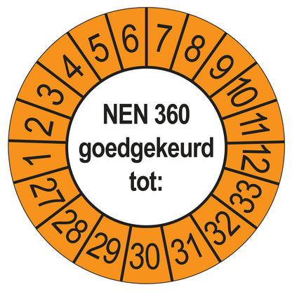 Keuringssticker NEN 360 buiten oranje, rond 35 mm