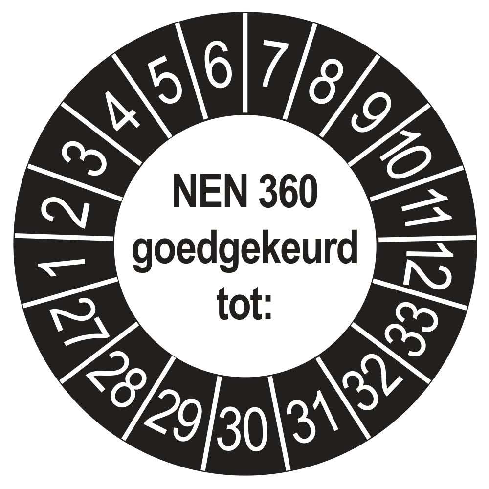 Keuringssticker NEN 360 buiten zwart, rond 35 mm