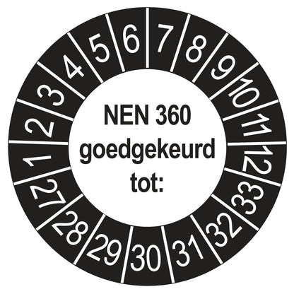 Keuringssticker NEN 360 buiten zwart, rond 35 mm
