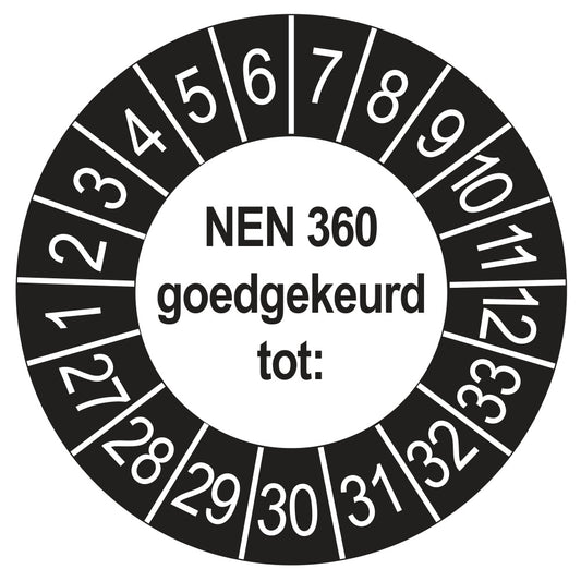 Keuringssticker NEN 360 buiten zwart, rond 35 mm