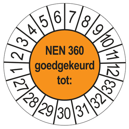 Keuringssticker NEN 360 oranje, rond 35 mm