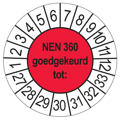 Keuringssticker NEN 360 rood, rond 35 mm