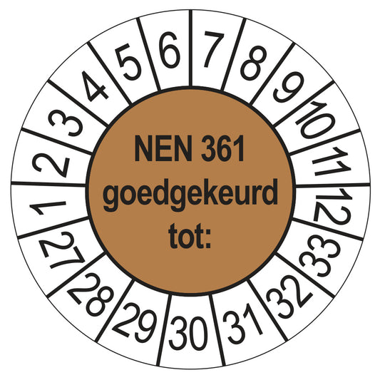 Keuringssticker NEN 361 bruin, rond 35 mm