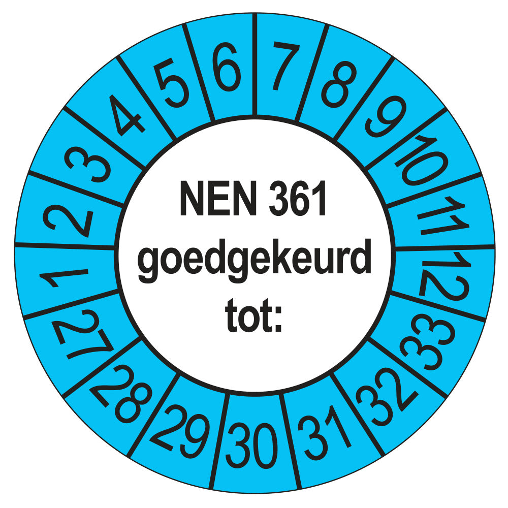 Keuringssticker NEN 361 buiten blauw, rond 35 mm