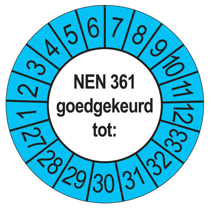 Keuringssticker NEN 361 buiten blauw, rond 35 mm