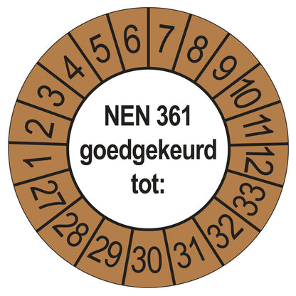 Keuringssticker NEN 361 buiten bruin, rond 35 mm