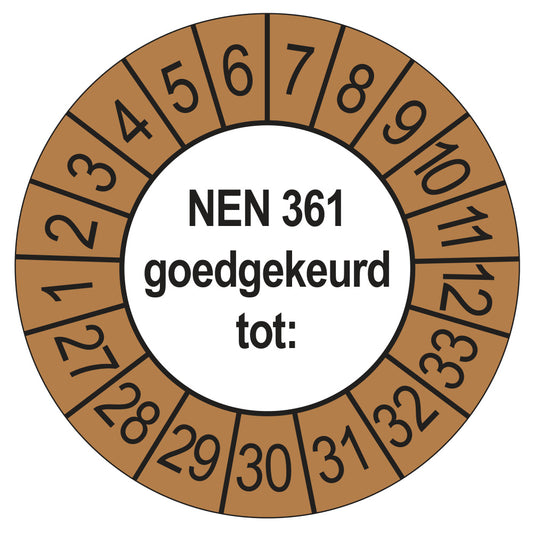 Keuringssticker NEN 361 buiten bruin, rond 35 mm