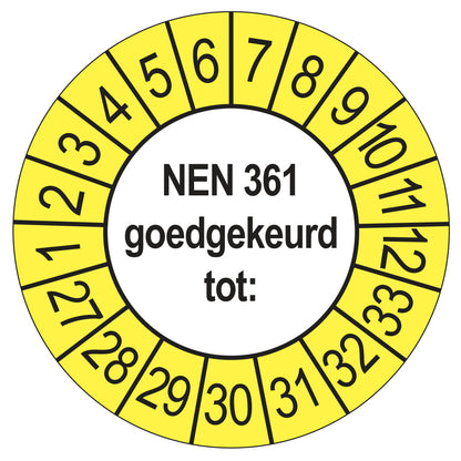 Keuringssticker NEN 361 buiten geel, rond 35 mm