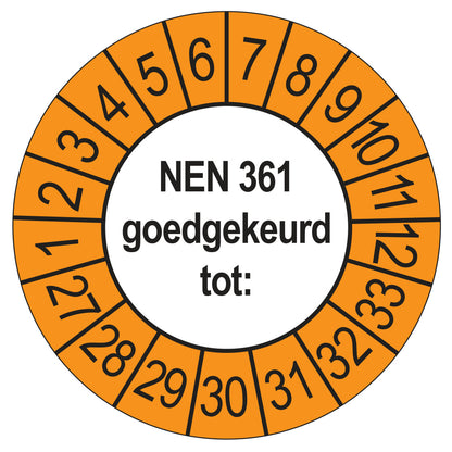 Keuringssticker NEN 361 buiten oranje, rond 35 mm