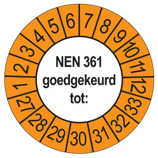 Keuringssticker NEN 361 buiten oranje, rond 35 mm