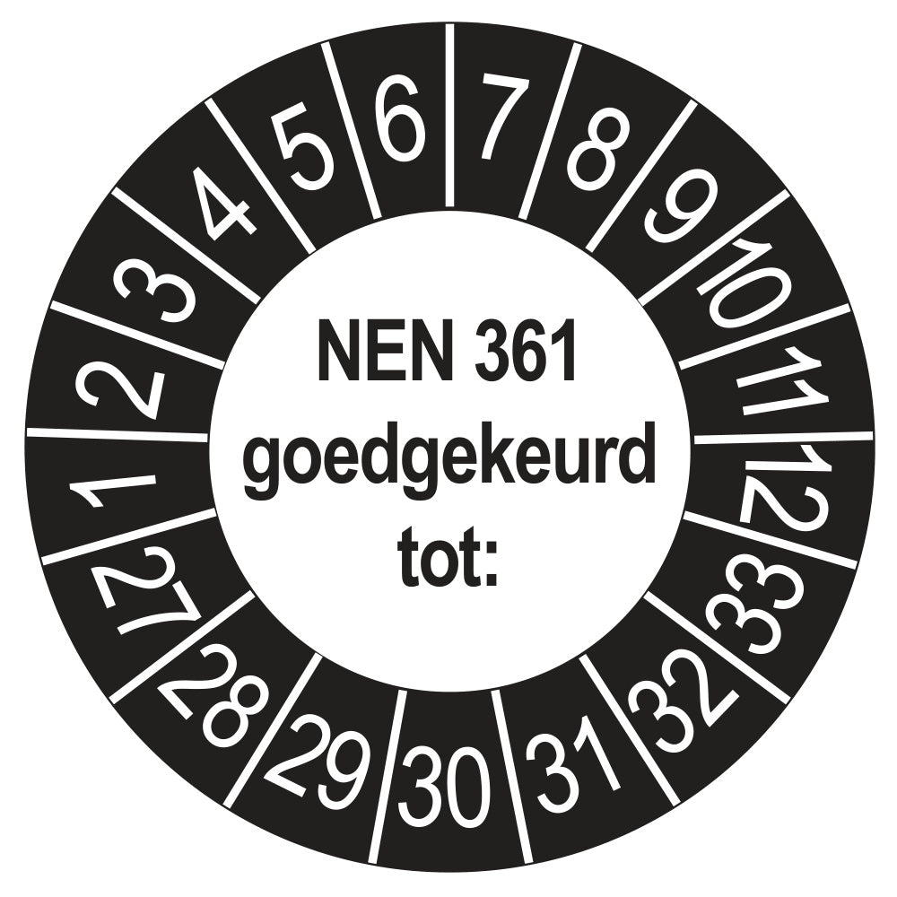 Keuringssticker NEN 361 buiten zwart, rond 35 mm