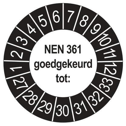 Keuringssticker NEN 361 buiten zwart, rond 35 mm