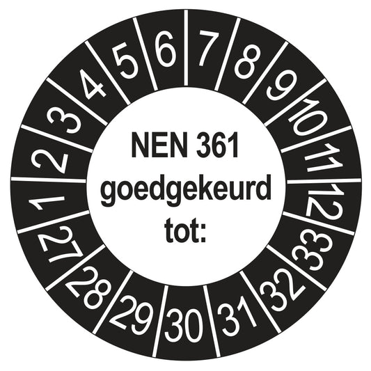 Keuringssticker NEN 361 buiten zwart, rond 35 mm