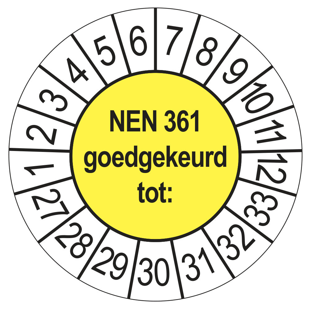 Keuringssticker NEN 361 geel, rond 35 mm