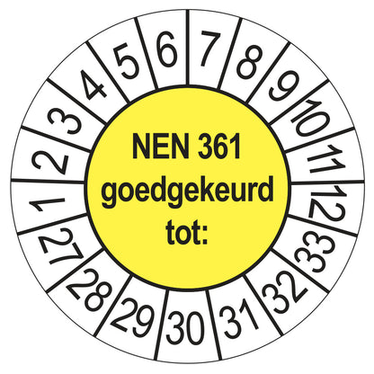Keuringssticker NEN 361 geel, rond 35 mm