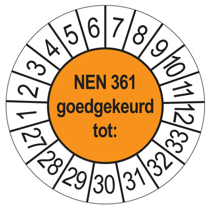 Keuringssticker NEN 361 oranje, rond 35 mm