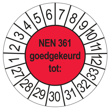 Keuringssticker NEN 361 rood, rond 35 mm