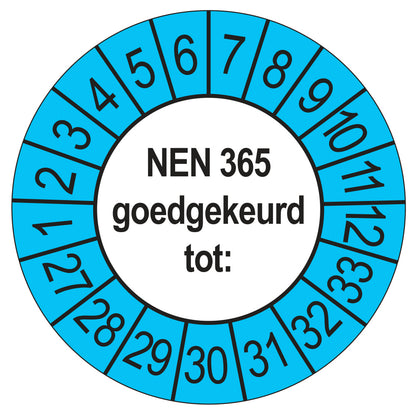 Keuringssticker NEN 365 buiten blauw, rond 35 mm