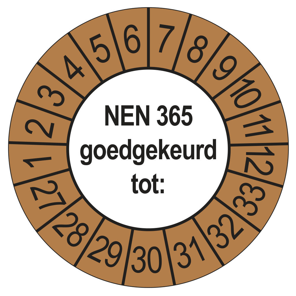 Keuringssticker NEN 365 buiten bruin, rond 35 mm