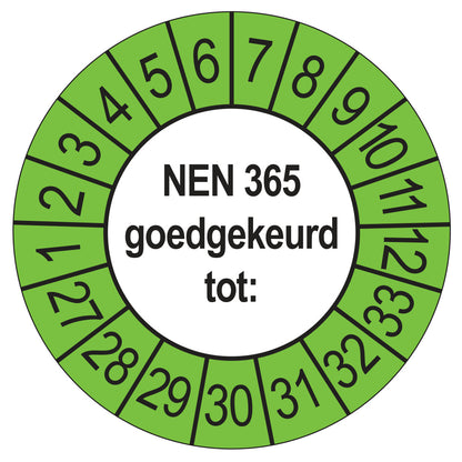 Keuringssticker NEN 365 buiten groen, rond 35 mm