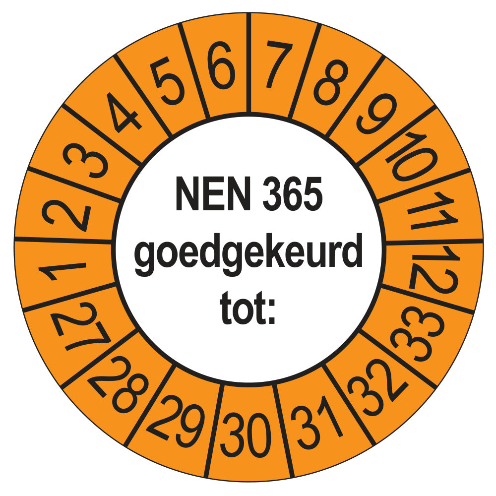 Keuringssticker NEN 365 buiten oranje, rond 35 mm