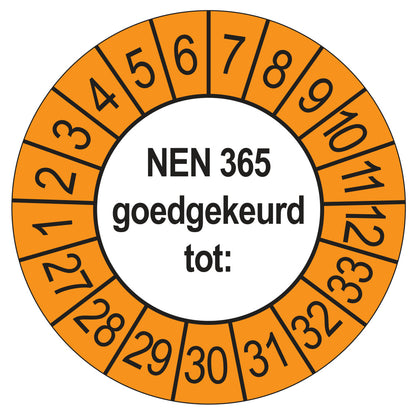 Keuringssticker NEN 365 buiten oranje, rond 35 mm