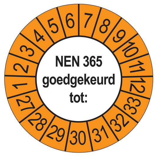 Keuringssticker NEN 365 buiten oranje, rond 35 mm
