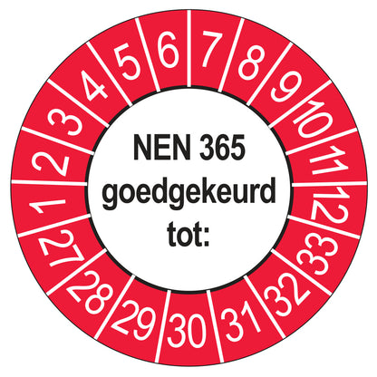 Keuringssticker NEN 365 buiten rood, rond 35 mm