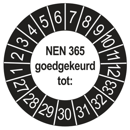 Keuringssticker NEN 365 buiten zwart, rond 35 mm
