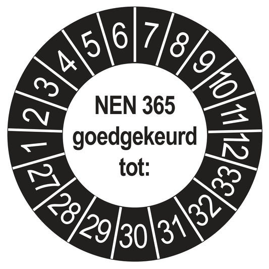 Keuringssticker NEN 365 buiten zwart, rond 35 mm