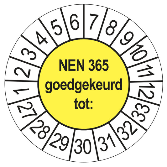 Keuringssticker NEN 365 geel, rond 35 mm