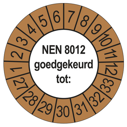 Keuringssticker NEN 8012 buiten bruin, rond 35 mm