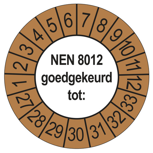Keuringssticker NEN 8012 buiten bruin, rond 35 mm