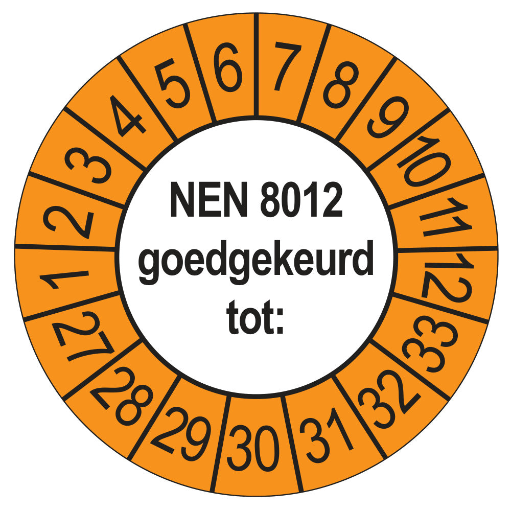 Keuringssticker NEN 8012 buiten oranje, rond 35 mm