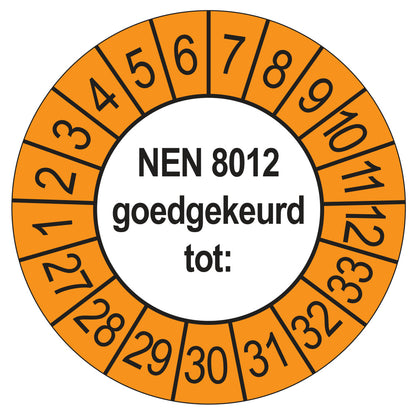 Keuringssticker NEN 8012 buiten oranje, rond 35 mm