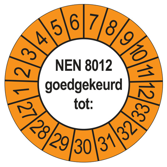 Keuringssticker NEN 8012 buiten oranje, rond 35 mm