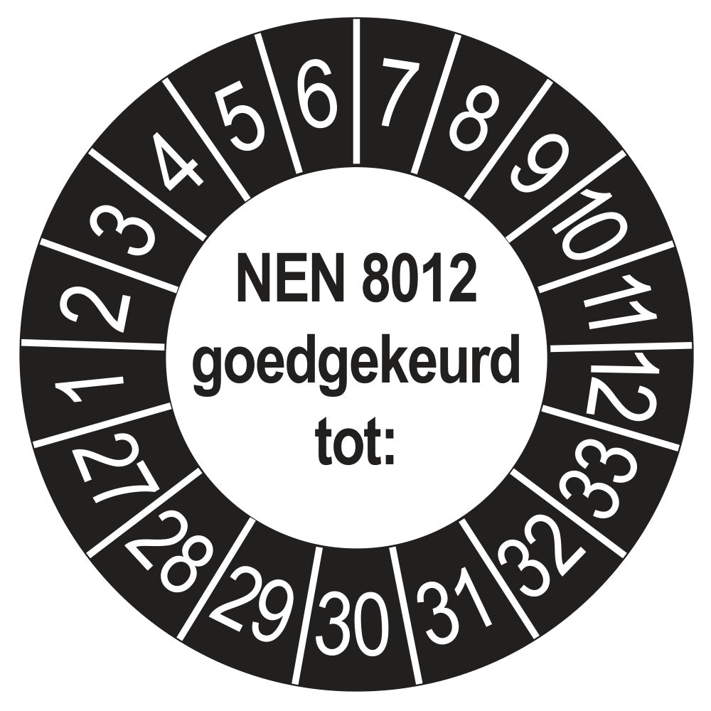 Keuringssticker NEN 8012 buiten zwart, rond 35 mm