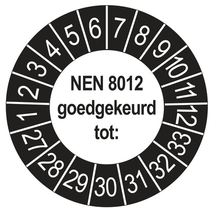 Keuringssticker NEN 8012 buiten zwart, rond 35 mm